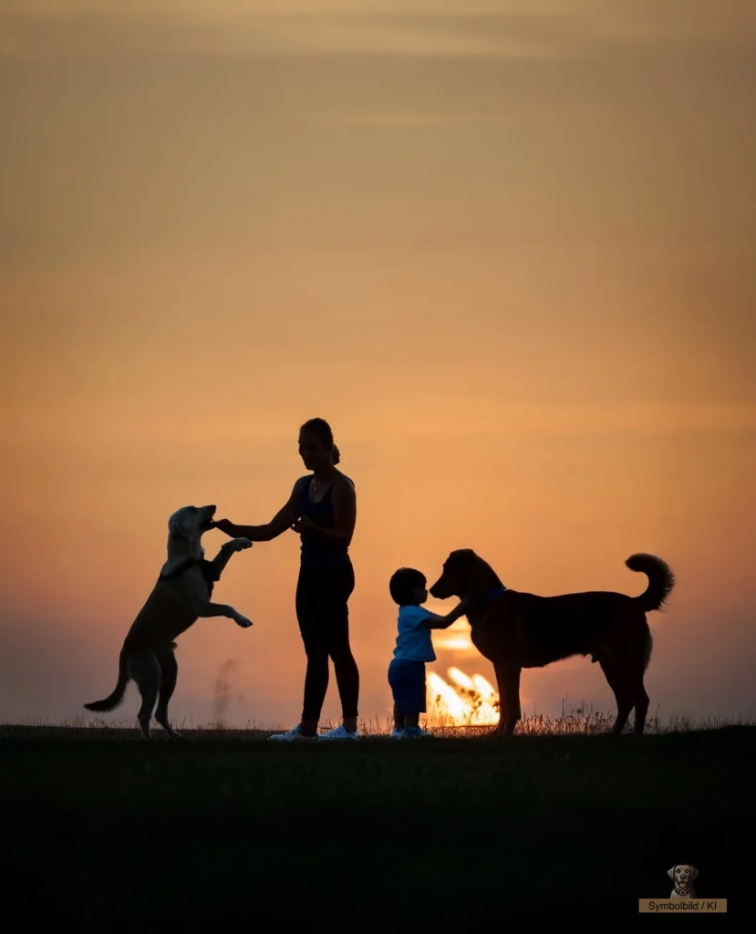 Eine Frau und ein Kleinkind interagieren im Sonnenuntergang auf einer Wiese mit zwei Hunden als Silhouetten.
