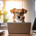 Ein aufmerksamer braun-weißer Hund mit schwarzer Brille sitzt am Schreibtisch hinter einem aufgeklappten Laptop in einem hellen Büro.